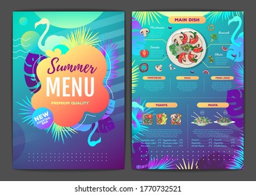 Restaurant summer tropical gradient menu design with fluorescent tropic leaves and flamingo. Fast food menu