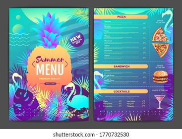 Restaurant Summer Tropical Gradient Menu Design With Fluorescent Tropic Leaves And Flamingo. Fast Food Menu