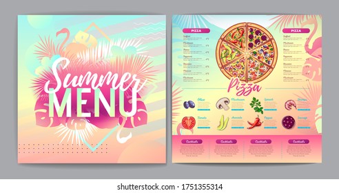 Restaurant summer tropical gradient pizza menu design with fluorescent tropic leaves and flamingo. Fast food menu