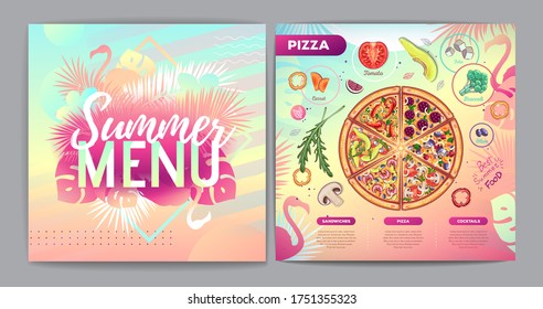 Restaurant summer tropical gradient pizza menu design with fluorescent tropic leaves and flamingo. Fast food menu