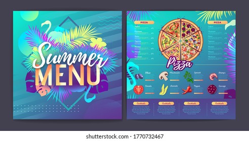 Restaurant summer tropical gradient pizza menu design with fluorescent tropic leaves and flamingo. Fast food menu