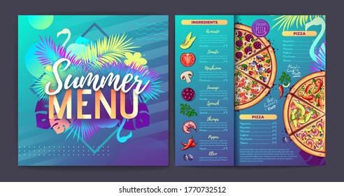 Restaurant summer tropical gradient pizza menu design with fluorescent tropic leaves and flamingo. Fast food menu