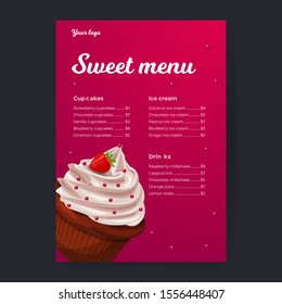 Restaurant sweet menu template with realistic cupcake. - vector