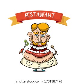 Restaurant Symbol with Hand Drawn Big Fat Chef and Red Ribbon Isolated on White Background