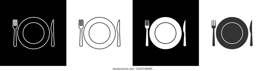 Restaurant symbol. Icon of spoon, fork, knife and plate. Symbol of cutlery. Cutlery or tableware in restaurant, kitchen. Vector illustration on black and white background.