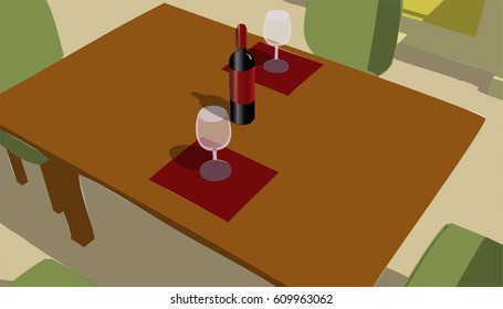 Restaurant table with bottle of vine and two glasses