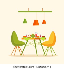 Restaurant table with cakes and desserts dinner vector. Desk with donut and kettle, teapot with water and glasses, mugs with sweet food cafe interior