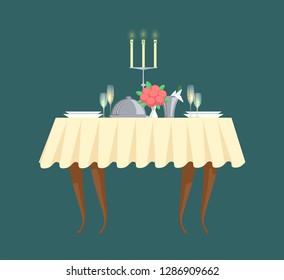 Restaurant table with candlestick and cutlery vector icon. Plates with glasses and bouquet, champagne in bucket with ice, romantic dinner or banquet