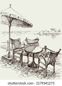 Restaurant table and chairs under umbrella on sea shore sketch