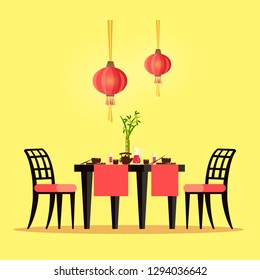 Restaurant table Chinese style interior of cafe vector. Place to eat, tableware with paper red lanterns and vase on desk with plants as decoration