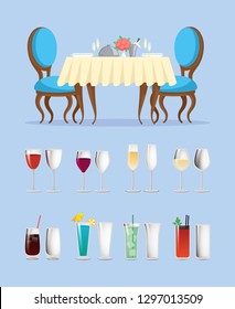 Restaurant table and glassware with cocktails vector. Dinner setting and alcohol drinks or wine glasses, furniture and beverages in containers, cutlery