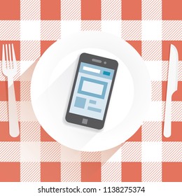 Restaurant table with knife and fork and plate with mobile phone with social networking internet web page on screen. Idea - unusual concept of modern internet communication, virtual life, online chats