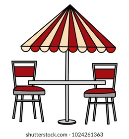 restaurant table with parasol and chairs