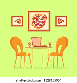 Restaurant table with pizza pictures decoration on wall vector. Box with Italian pizzeria, slices of prepared meal with tomatoes salami cheese ingredients