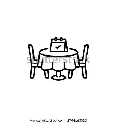 Restaurant table reservation icon black and white vector illustration of booked dinner table with calendar and chairs