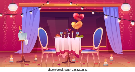 Restaurant table served for romantic dating with tablecloth, champagne in glasses, burning candles around, heart shaped balloons and rose flower petals randomly scattered. Cartoon vector illustration