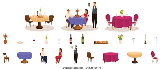 Restaurant table served romantic dating vector. A series of images of a restaurant with a man in a vest serving food. The man is wearing a tie and is standing behind a table