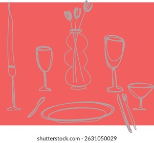 Restaurant table setting cups. Drawing, ink, line art, vector
