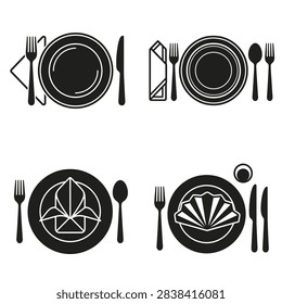 Restaurant table setting and dinnerware icon set.