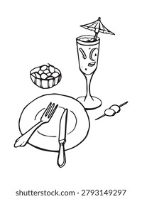 Restaurant table setting hand drawn sketch, black line art doodle. Plate cutlery cocktail glass umbrella olive bowl and skewer, dining scene vector clipart isolated white.