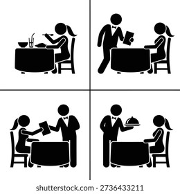 Restaurant Table Stickman Scene Icons Set