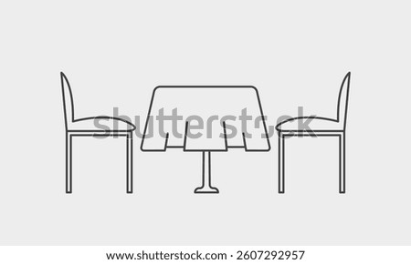 Restaurant table with tablecloth and chairs illustration. Cafe furniture. Front side view. Vector 