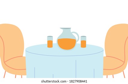 restaurant table with tablecloth, two chairs and jug of juice vector illustration design