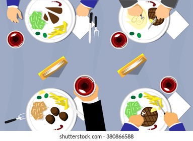 Restaurant Table Top View, People Group Eating, Plates Wine Glass Flat Vector Illustration