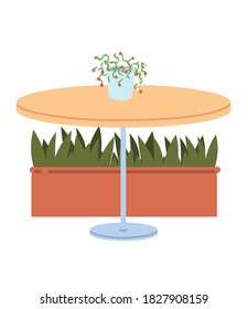 restaurant table with vase of flowers on white background vector illustration design