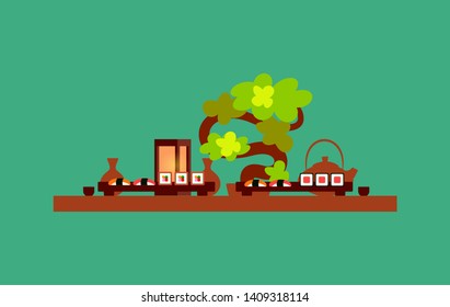 Restaurant table vector, desk with served Japanese food and bonsai in pot. Sushi and meal made of rise, lantern and teapot for tea ceremony, lunch dinner