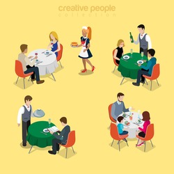 Restaurant Table Waiter Situations Flat 3d Isometry Isometric Food Meal Concept Web Vector Illustration. Couple Romantic Dinner Champagne Business Lunch Family Breakfast. Creative People Collection.