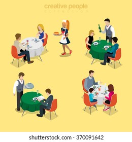 Restaurant Table Waiter Situations Flat 3d Isometry Isometric Food Meal Concept Web Vector Illustration. Couple Romantic Dinner Champagne Business Lunch Family Breakfast. Creative People Collection.