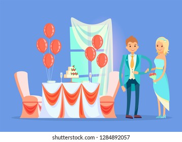 Restaurant table with wedding cake vector, married couple standing by desk with decorative. Window and veil, balloon and dessert with strawberries
