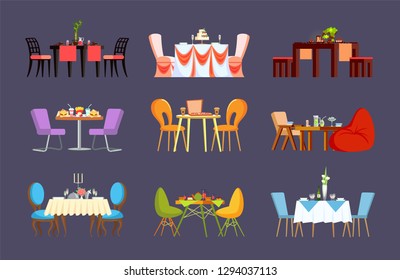 Restaurant tables with dinner or wedding settings vector. Tablecloth and chairs, cake and fast food, pizza and sushi, lemonade and tea, cafe furniture