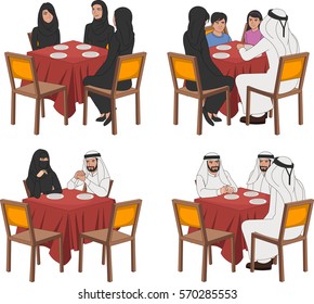 Restaurant tables with muslim people wearing traditional clothes