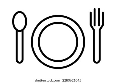 Restaurant tableware icon. Spoon, plate and fork. Vector.