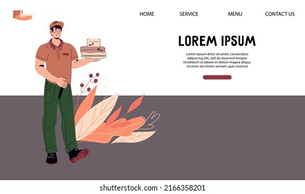 Restaurant or takeaway food service website with smiling waiter, flat vector illustration. Food delivery web banner.