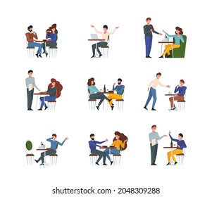 Restaurant talking. People meeting for coffee time drinking hot drinks and talking lunch food relationships friends garish vector flat characters set isolated