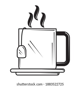 restaurant tea cup with teabag fresh beverage in line style vector illustration