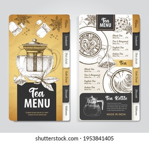 Restaurant Tea menu design. Decorative sketch of teapot. Vintage style