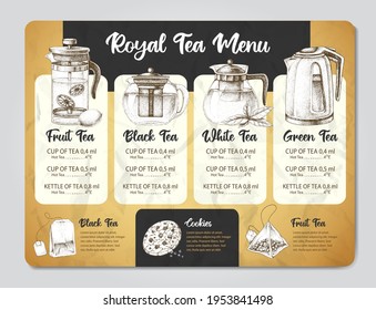 Restaurant Tea menu design. Decorative sketch of teapot. Different kinds of teapots