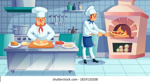 Restaurant team character engaged in traditional italian pizza preparation process. Pizza maker kneading rolling dough at table, chef assistant baking fast food product in furnace stove