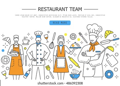 Restaurant team characters with chef, assistants, waitress or hostess and others. Group of restaurant staff  in linear style, vector.  Catering team professionals