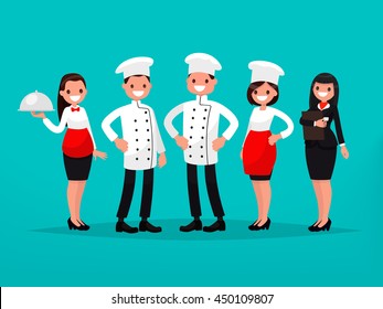 Restaurant team. Chef, cook, manager, waiter. Vector illustration of a flat design