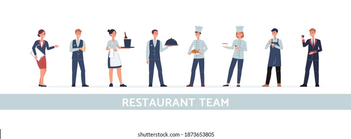 Restaurant team of chefs cooks and waiters, managers and barista, flat vector illustration isolated on white background. Restaurant staff employees characters.