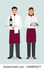 Restaurant team concept. Couple of waiter and waitress with dishes and in uniform stand together. Food service occupation staff. Vector illustration.