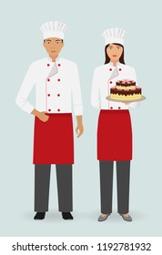 Restaurant team concept. Couple of waiter and waitress with cake on dish and in uniform stand together. Food service occupation staff. Vector illustration.