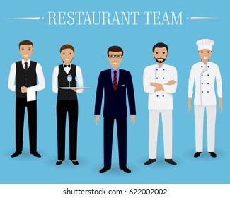 Restaurant team concept. Group of characters standing together: manager, chef, cook and two waiters in uniform. Welcoming banner. Vector illustration.