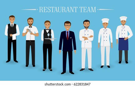 Restaurant team concept. Group of characters standing together: manager, chef, cook, two waiters and barman in uniform. Welcoming banner. Vector illustration.