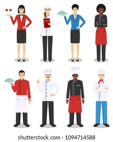 Restaurant team concept. Group of people characters: head chef, cooks, sommelier and waitress in different uniform and positions in flat style isolated on white background. Vector illustration. 